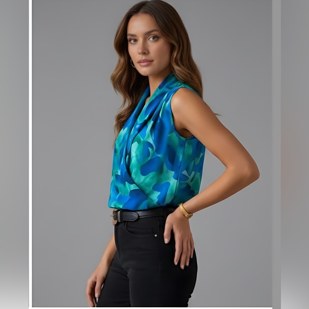 V-Neck Sleeveless Wrap Blouse Blue/Green - Picture 2 of 6